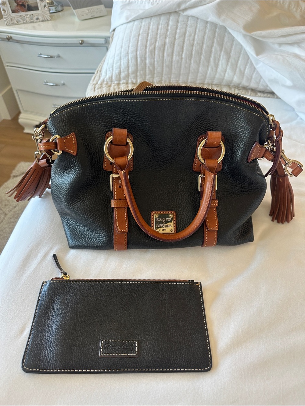 Dooney & Bourke Black Pebbled Leather Satchel with Brown Trim and Gold Hardware